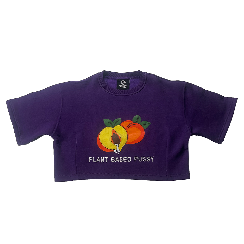 PLANT BASE PUSSY CROP ROYALTY PURPLE CREW NECK EMBROIDERY